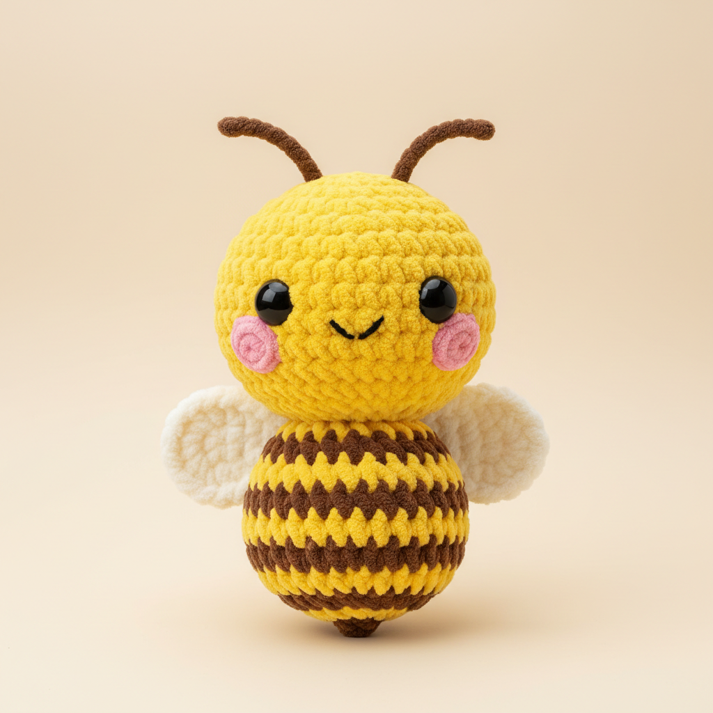 Bumbo, a handmade crochet plush, on a cream background