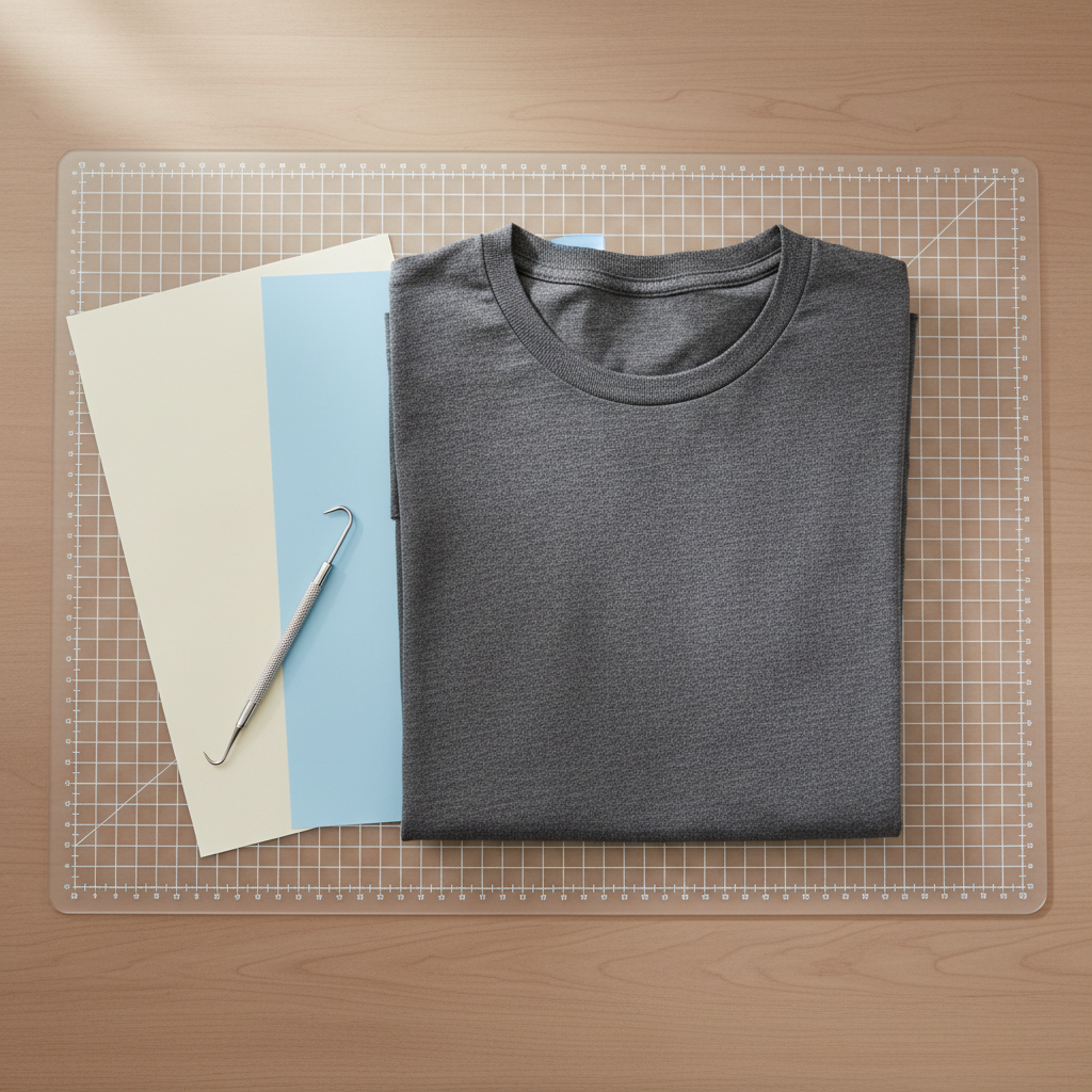 Overhead view of a heat press workspace with a folded charcoal t-shirt, matte vinyl sheets and weeding tools