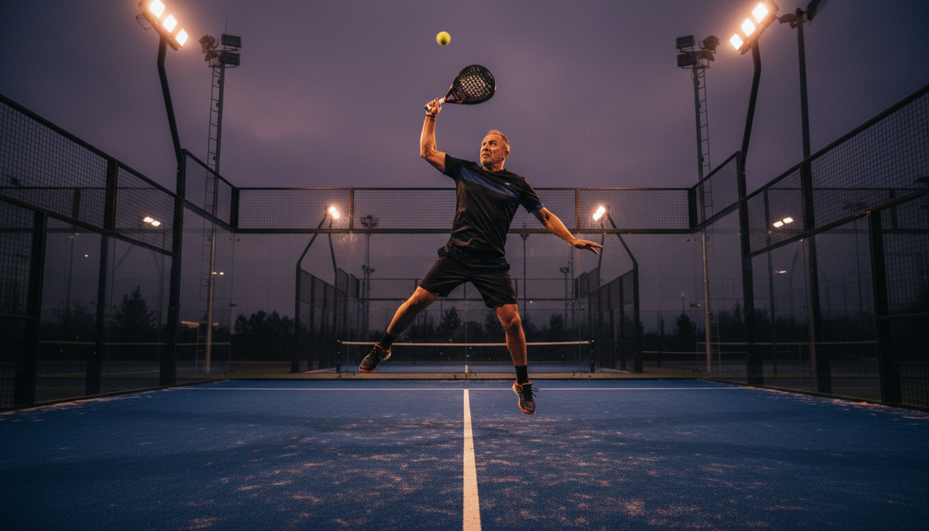 Sportler beim Aufschlag auf dem Padelcourt in der Dämmerung