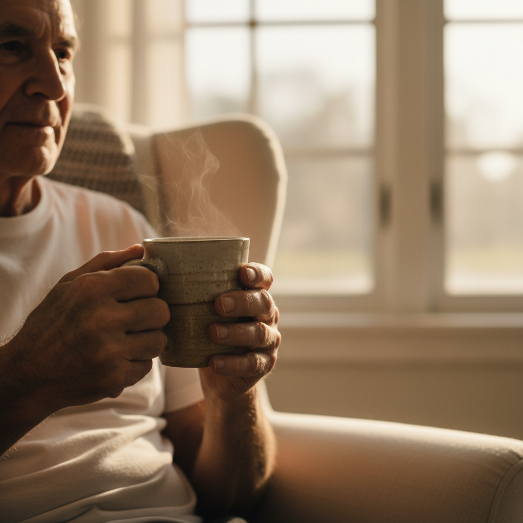 An older man holding a warm mug with both hands in a cream armchair by a window