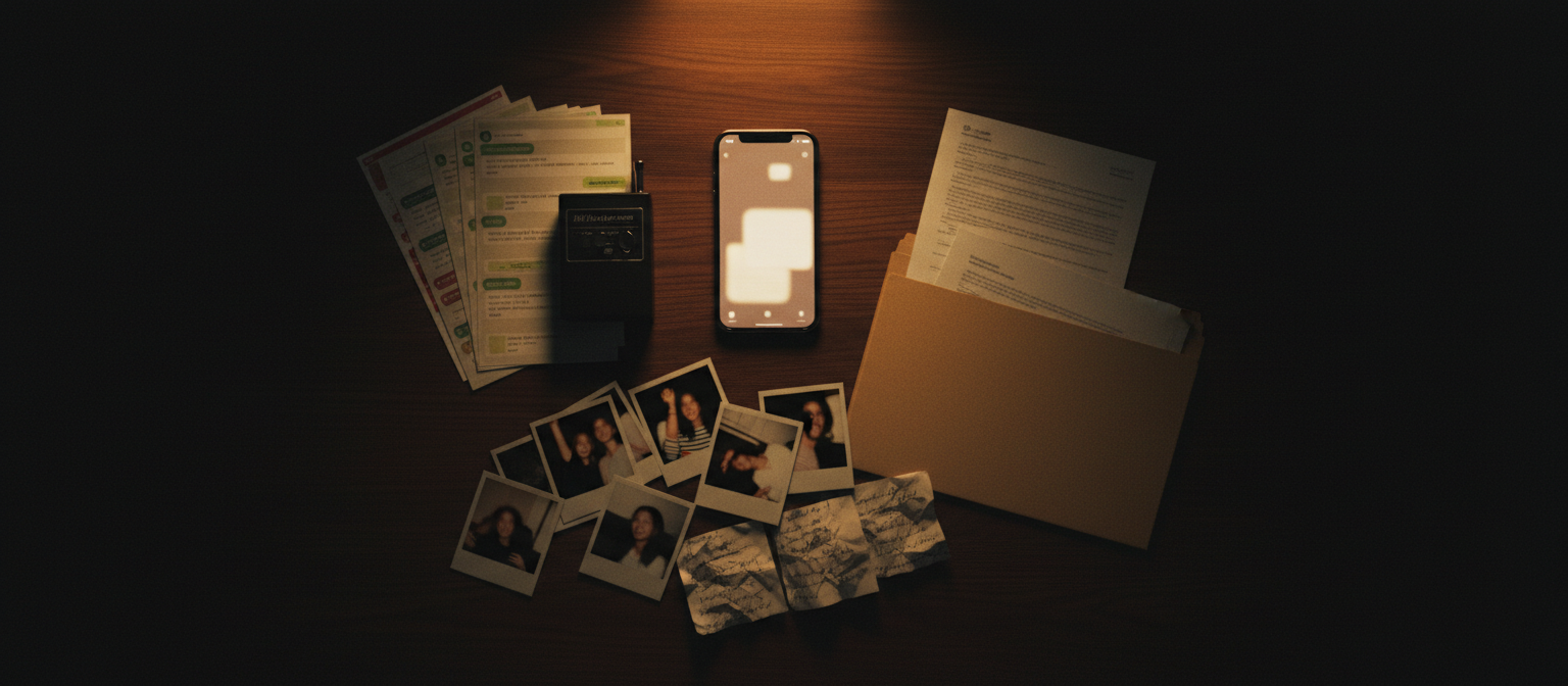 Chats impresos, audios, fotos y documentos del caso sobre una mesa oscura