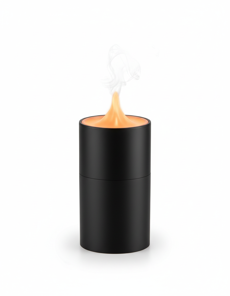 Matte black flame-effect aroma diffuser with a warm amber simulated flame