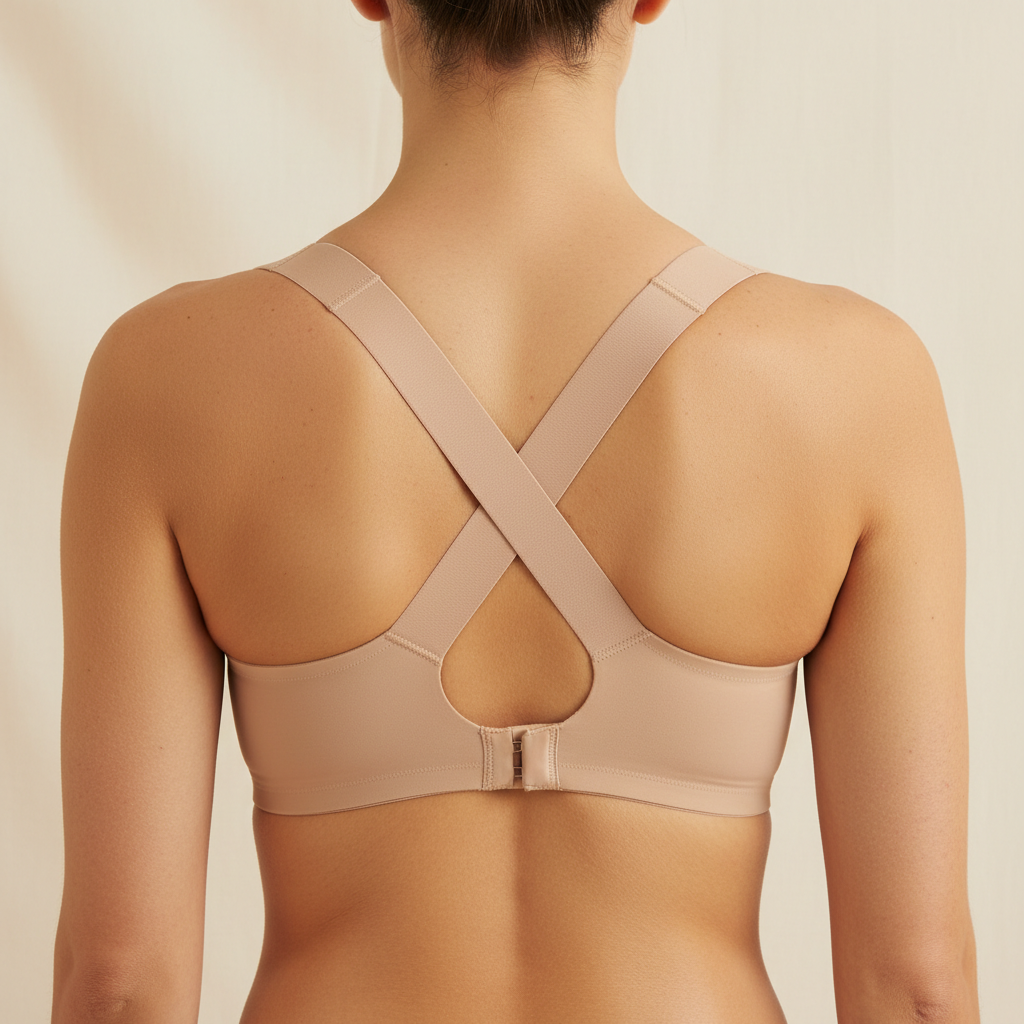 Nude posture-support bra with wide criss-cross back straps