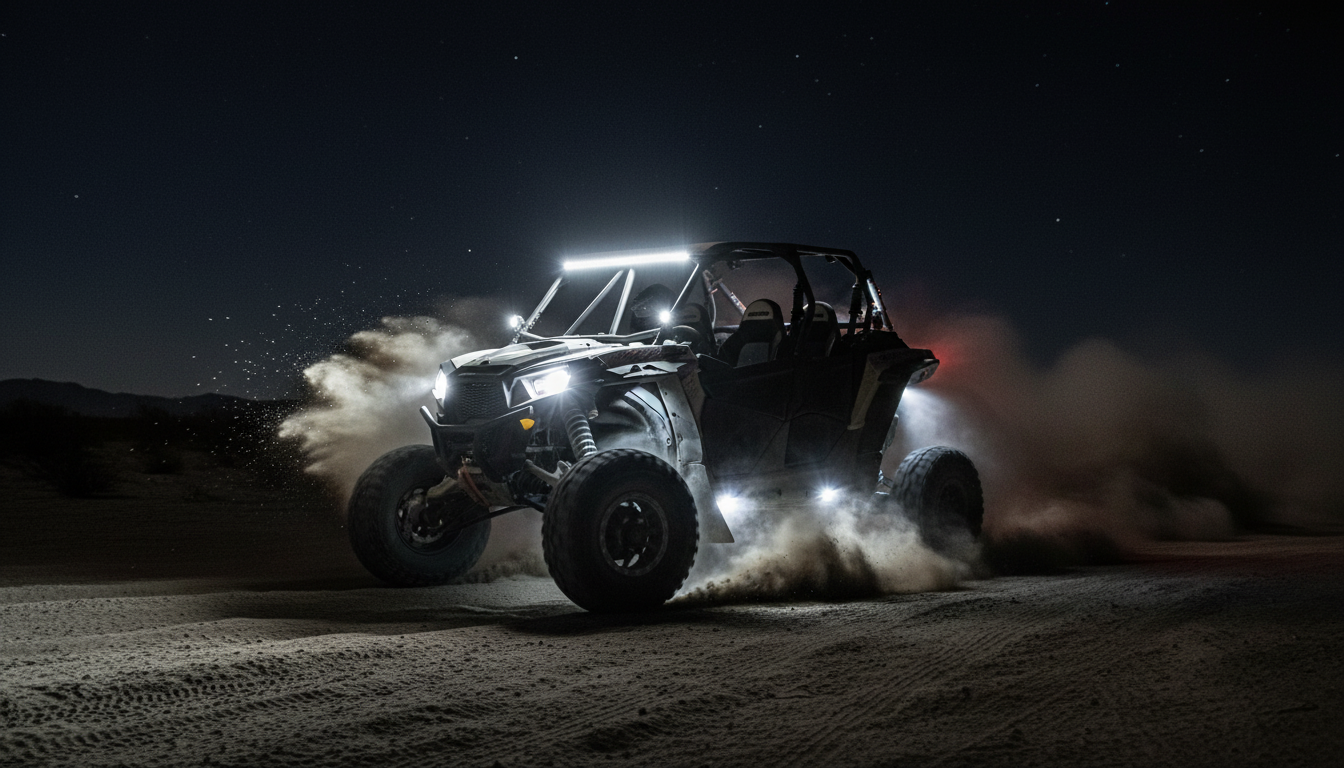 Side-by-side UTV on a night trail lit from below by white LED rock lights