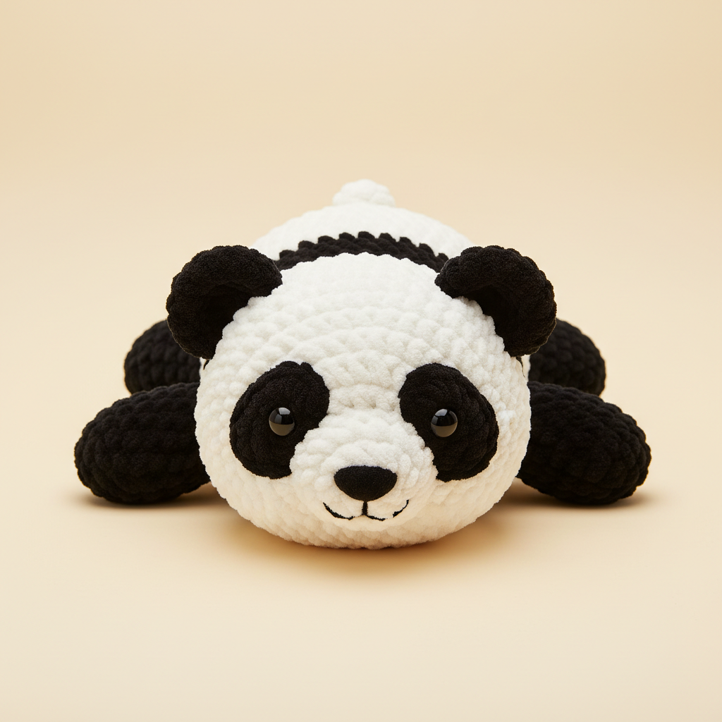 Pando, a handmade crochet plush, on a cream background