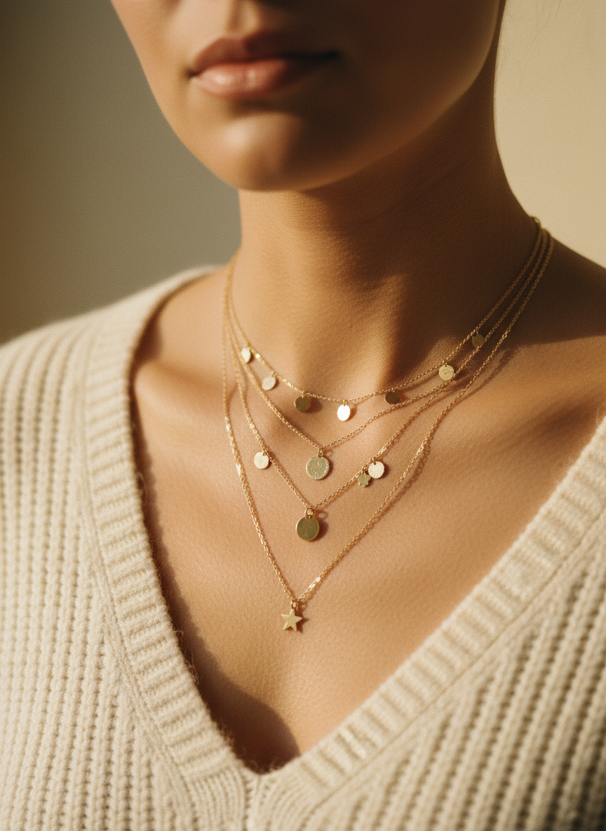 Close-up of layered delicate gold necklaces worn at the collarbone in golden-hour light