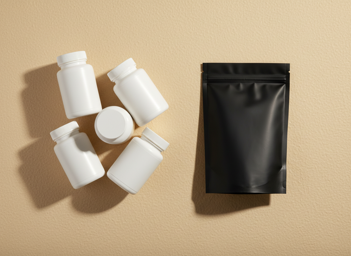 Five separate supplement bottles beside a single pouch of XARA gummies