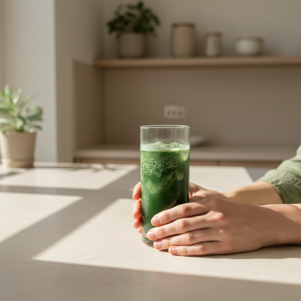 Handen houden een glas Total Essentials vast in het ochtendlicht