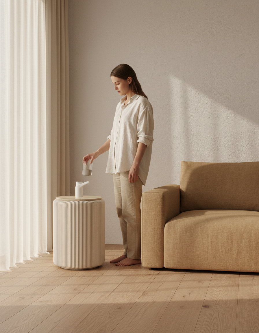 Mujer de pie sirviendo un vaso de agua desde el mueble cubre bidón Camu Beige junto al sofá del living