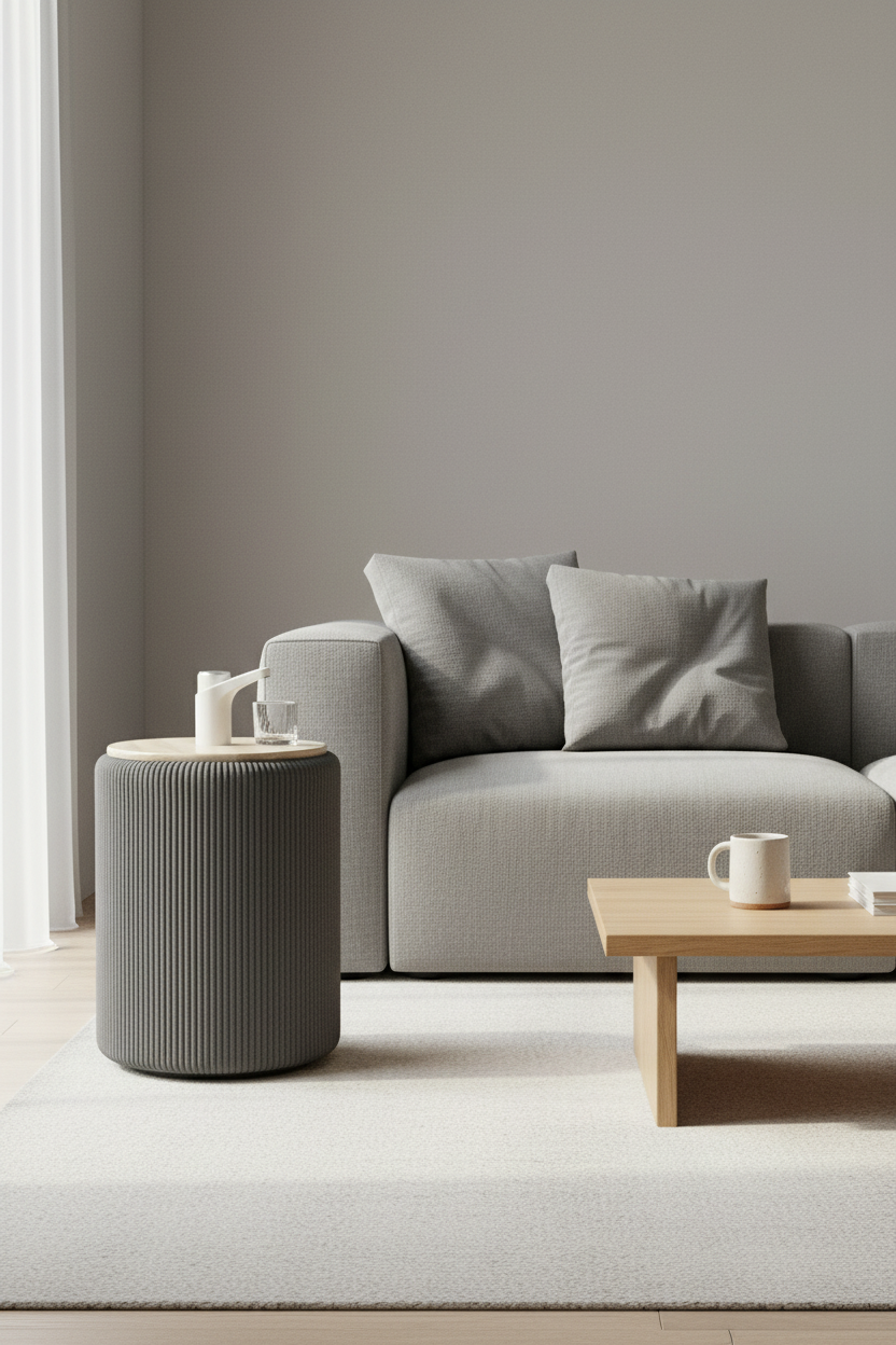 Mueble Camu Gris junto a un sofá con cojines