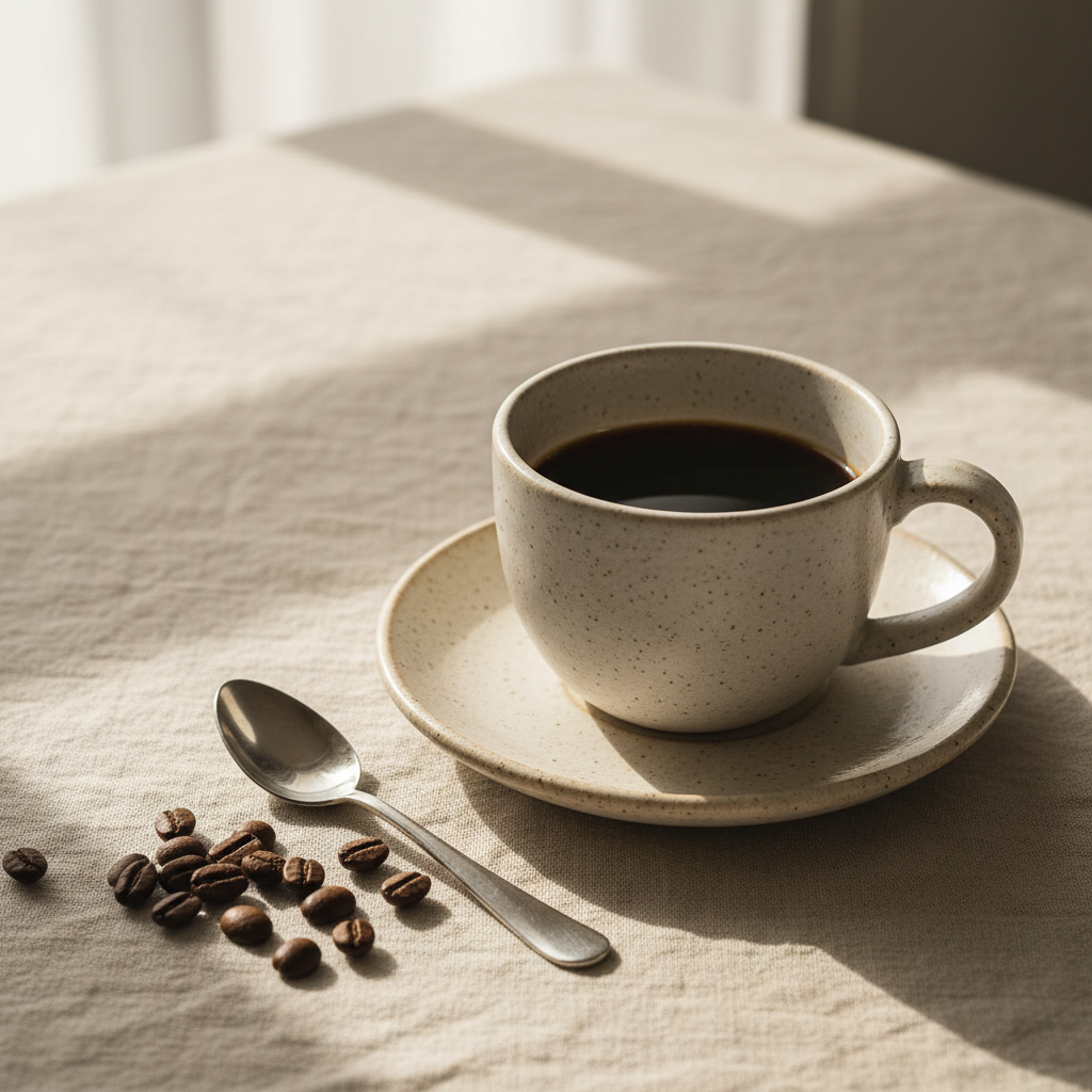 Cup of black coffee in cream stoneware on a linen tablecloth