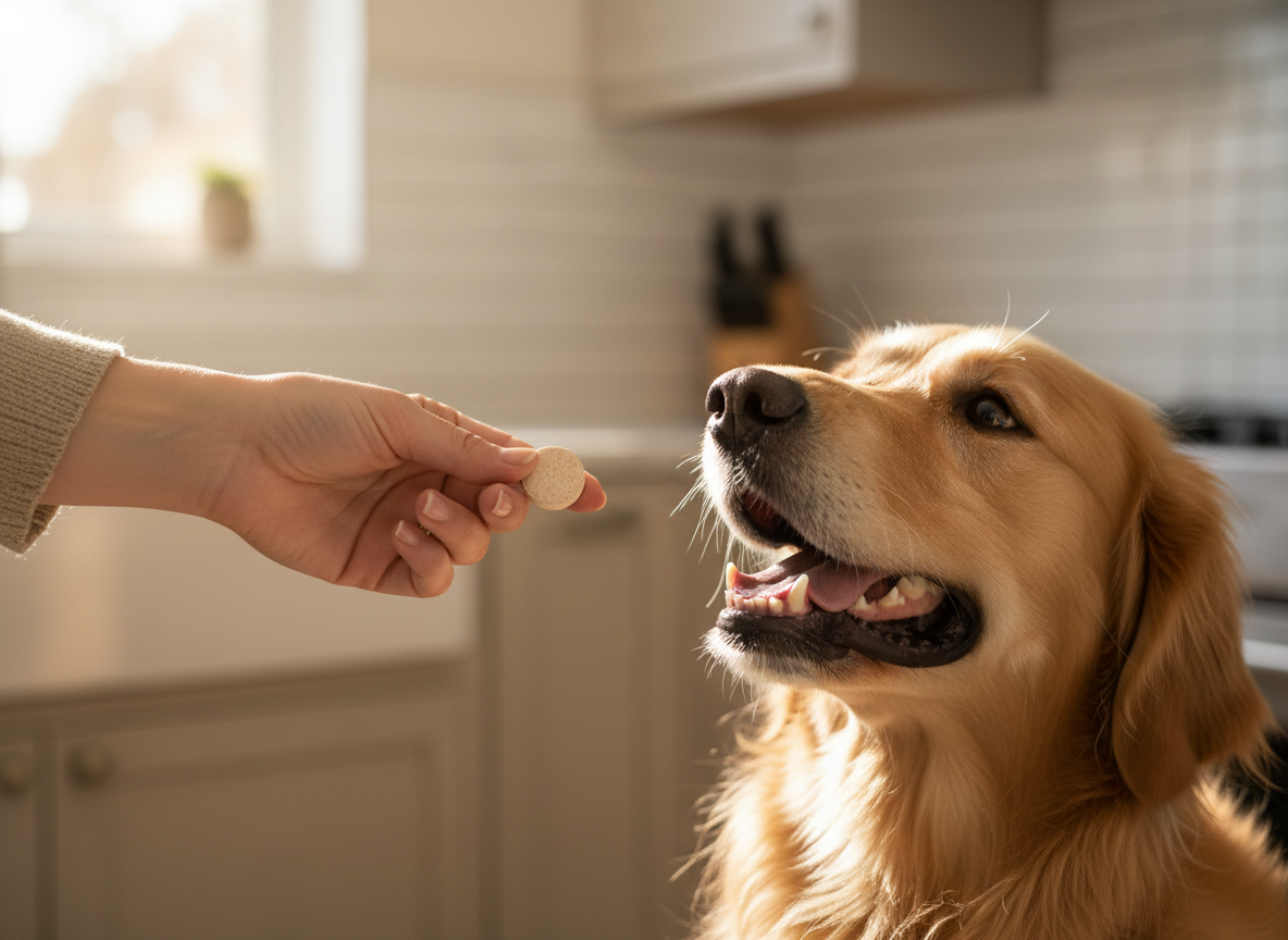 Mano che offre una compressa a un golden retriever in cucina