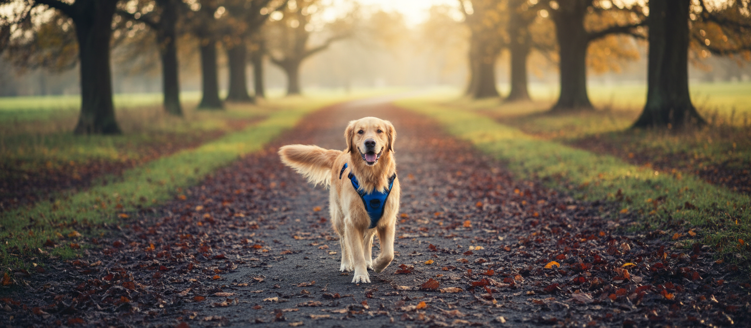 Dog wearing a Waggy Tails reflective no-pull harness on a morning walk