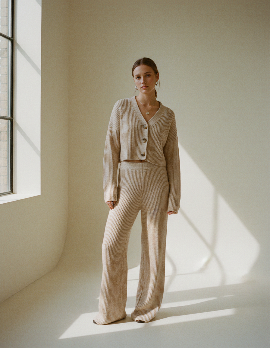 Femme portant un ensemble deux pièces en maille beige