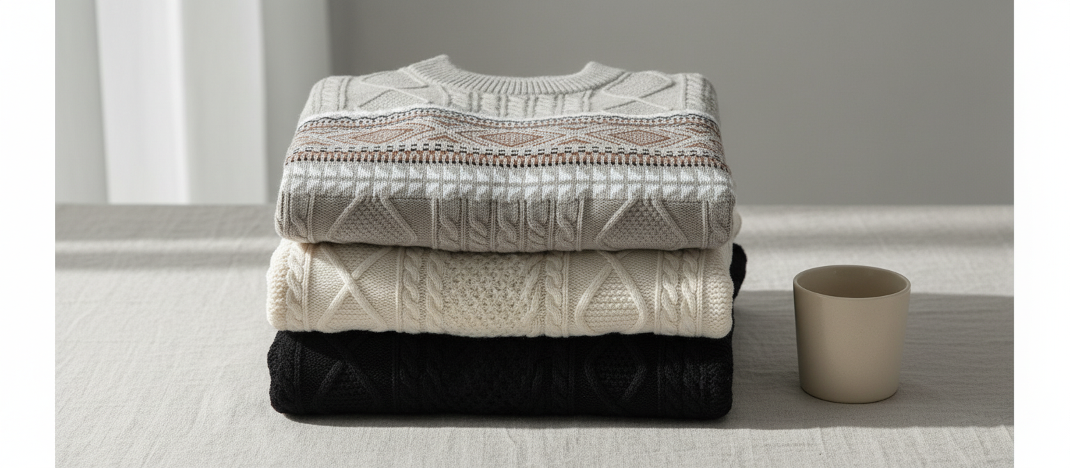 Three folded patterned sweaters stacked on linen