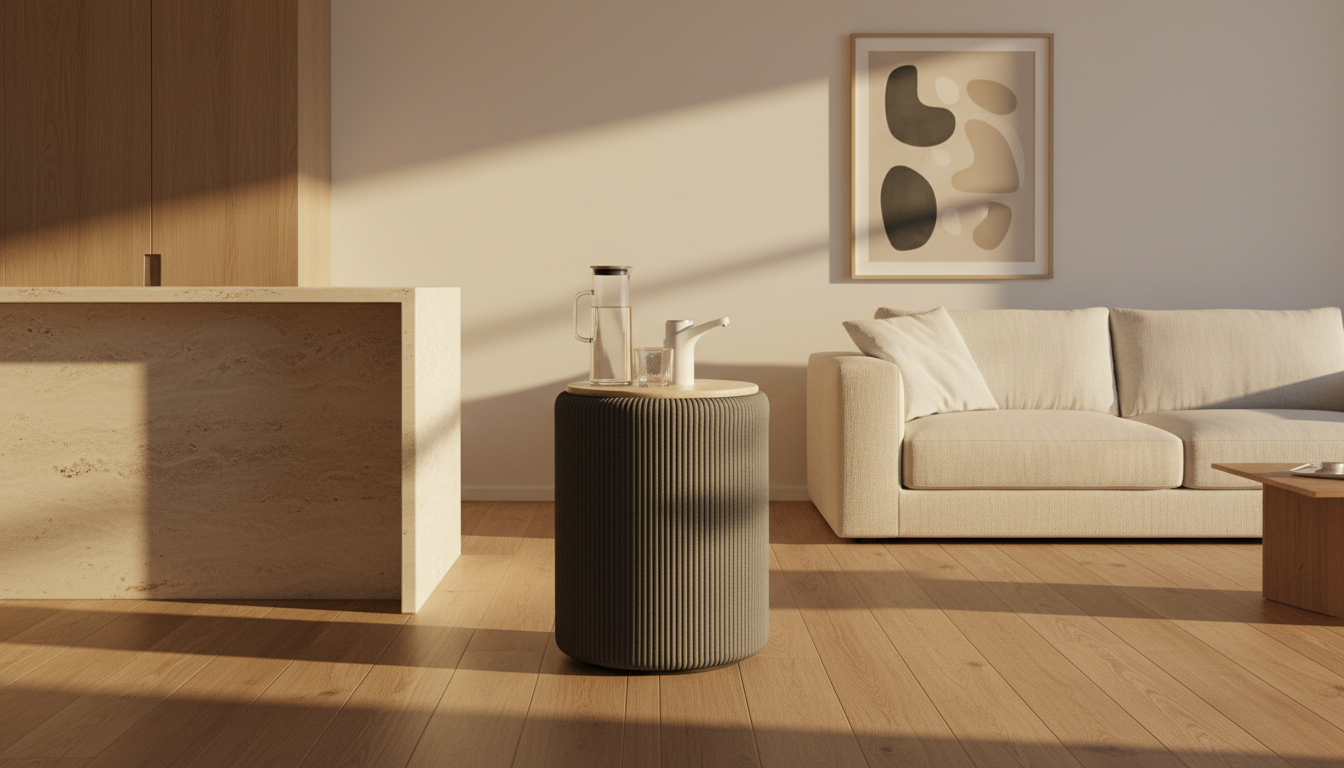 Mueble cubre bidón Camu Gris apoyado en el piso entre la cocina y el living, con jarra y vasos sobre la tapa de madera en luz de atardecer