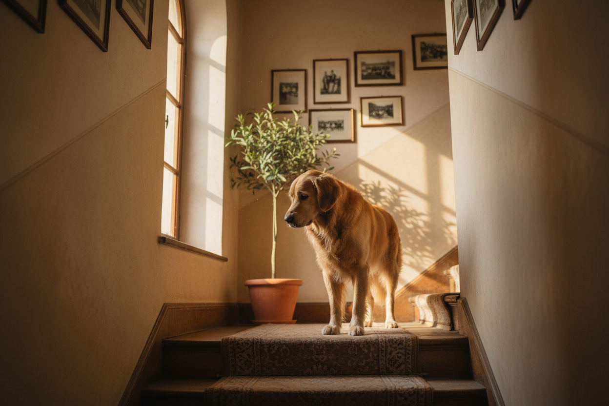 Golden retriever che esita davanti alle scale di casa