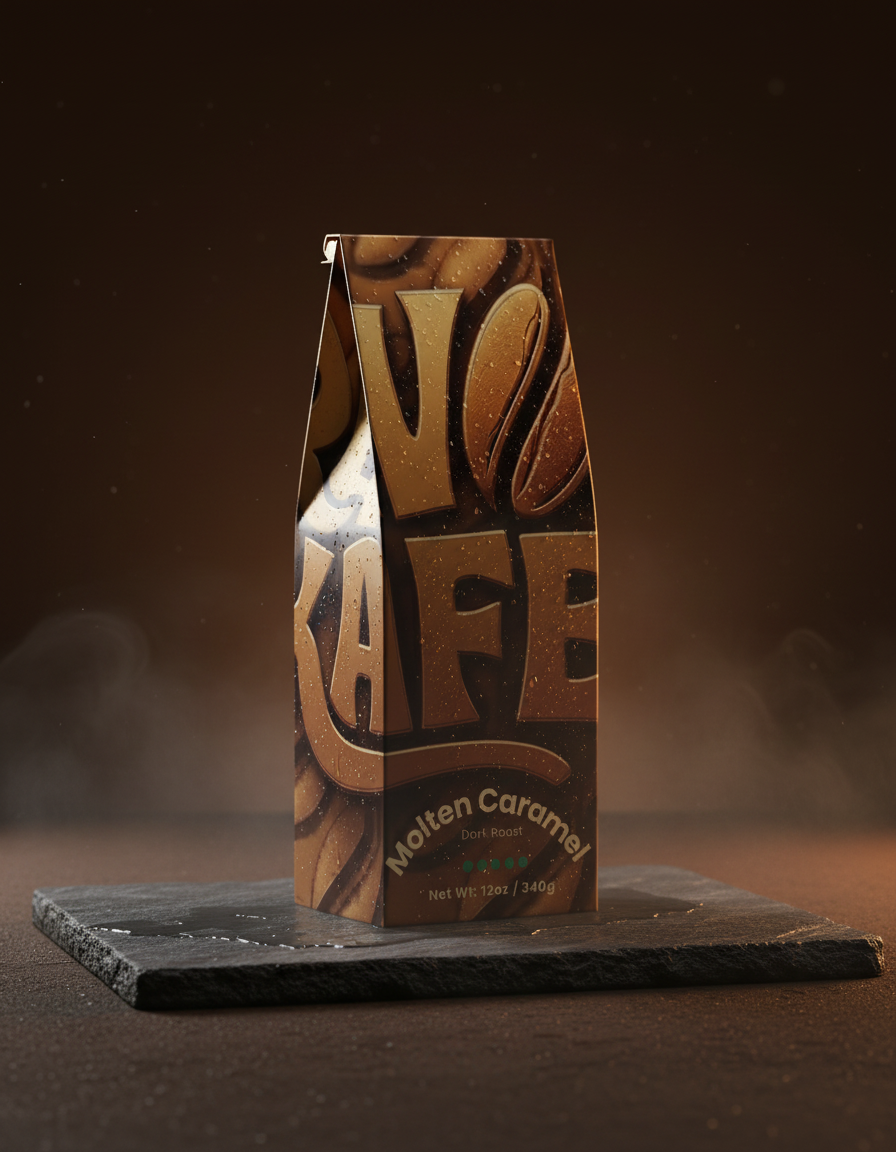 Molten Caramel coffee box on wet stone in a misty studio