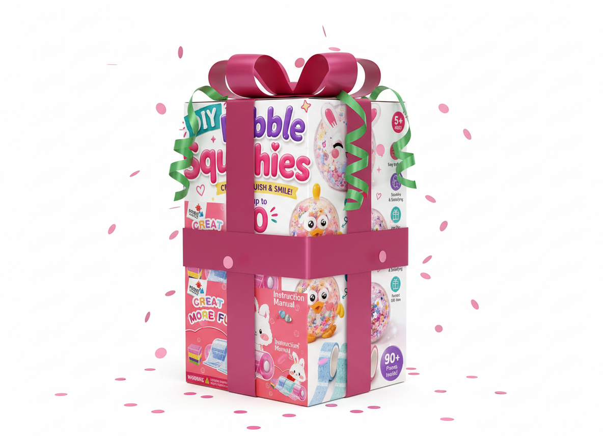 Tři sady NANO Bubble Squishies svázané růžovou stuhou jako dárek