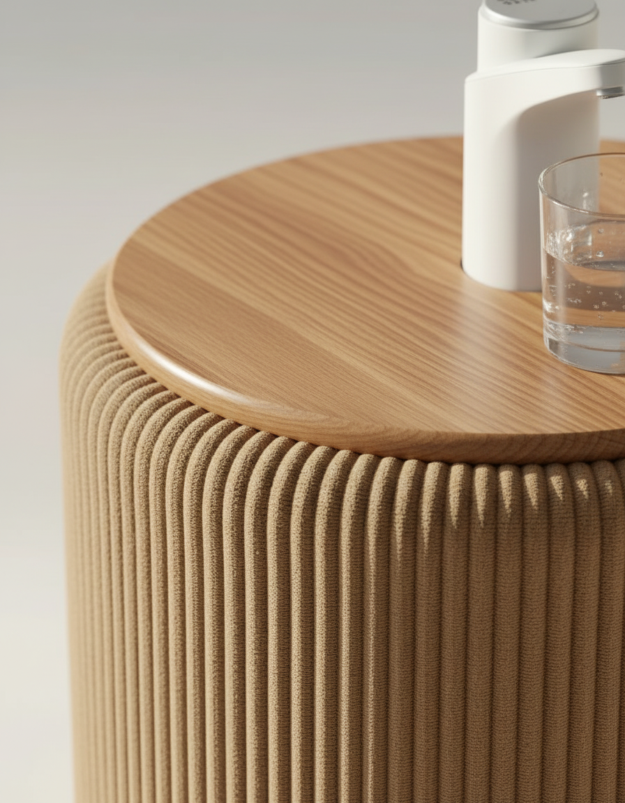 Detalle de la tapa de madera del mueble Camu con un vaso de agua