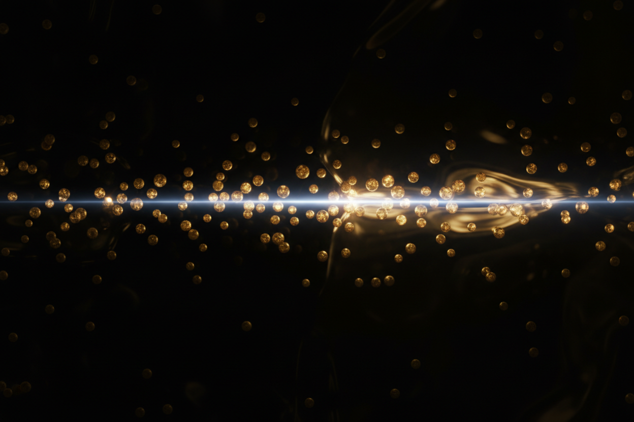Macro view of uniform gold nanoparticles suspended in dark water, lit by a laser beam