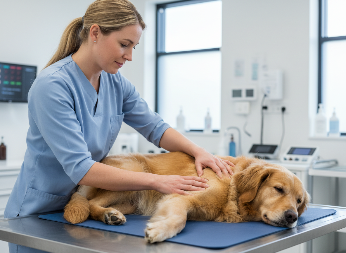 Veterinaria che visita l'articolazione posteriore di un cane