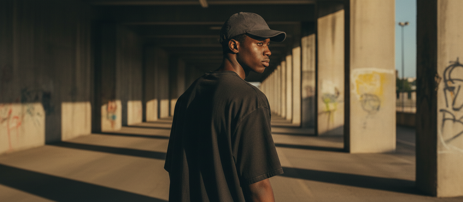 Model wearing an oversized heavyweight FORUSKINGS tee and snapback in a concrete underpass at golden hour
