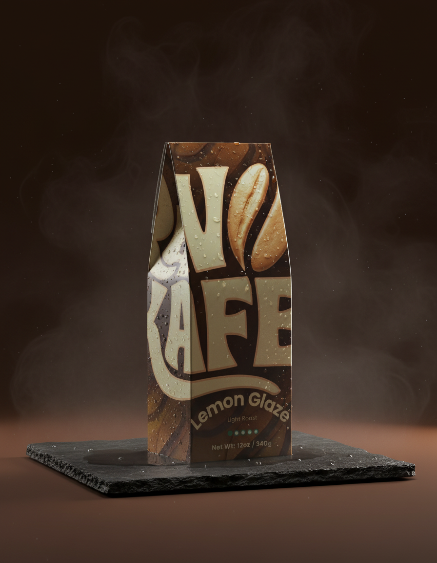 Lemon Glaze coffee box on wet stone in a misty studio