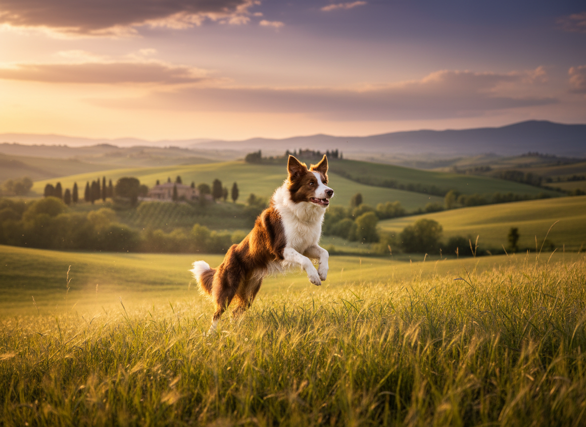 Cane che salta in un prato al tramonto