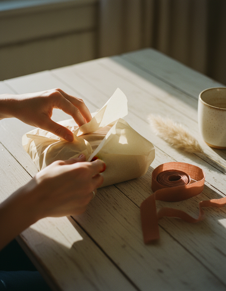 Hands opening a parcel wrapped in cream tissue paper on a pale wooden table
