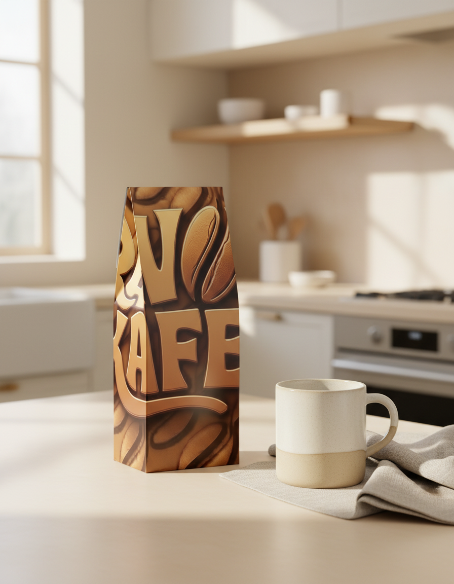 RAVOKAFE coffee box on a cream kitchen counter next to a ceramic mug