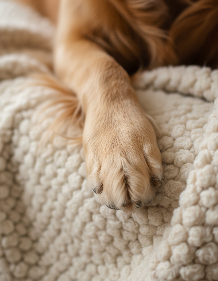 Macro photograph of a dog's glossy fur and clean paw on a cream blanket