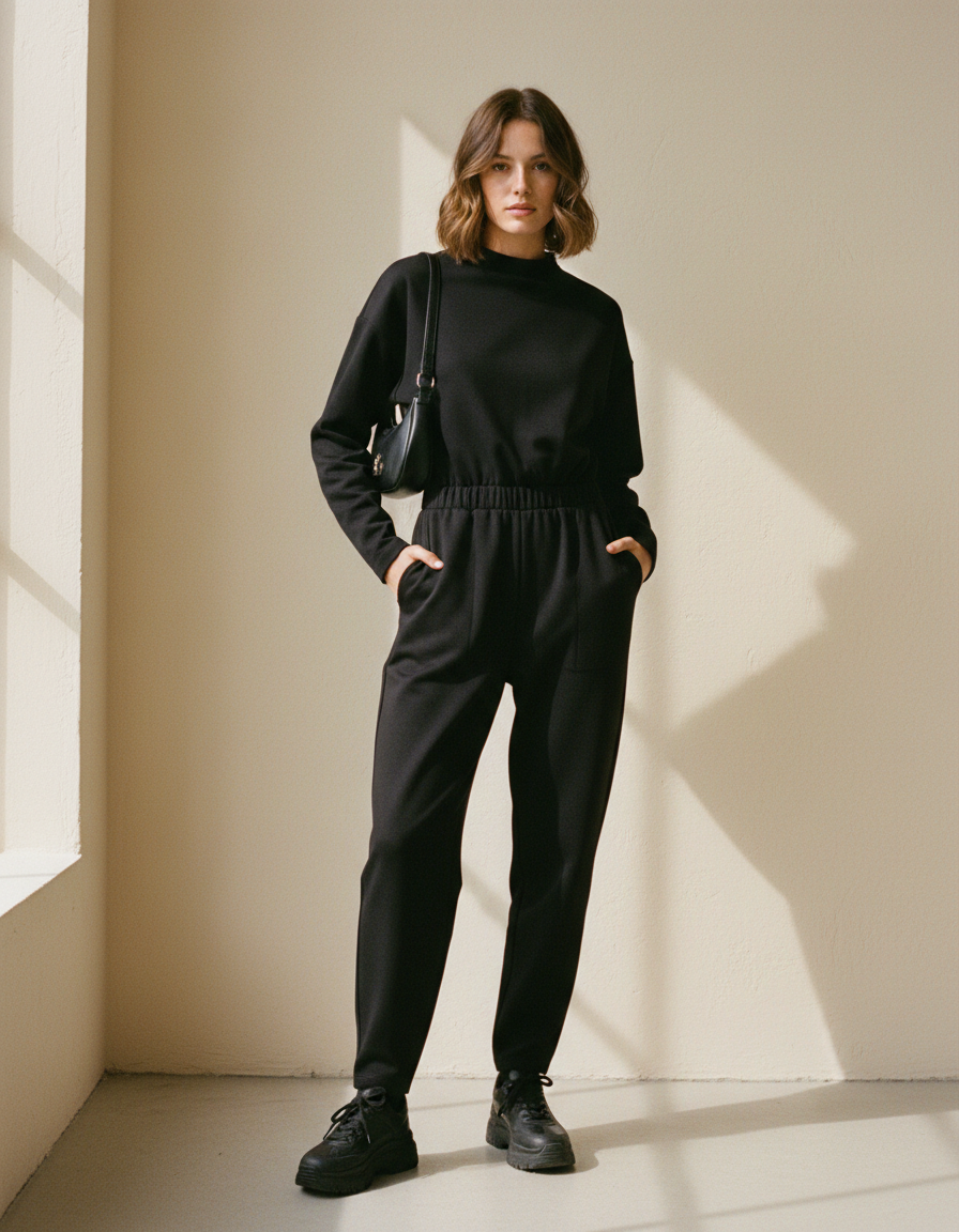 Femme portant une combinaison noire taille haute