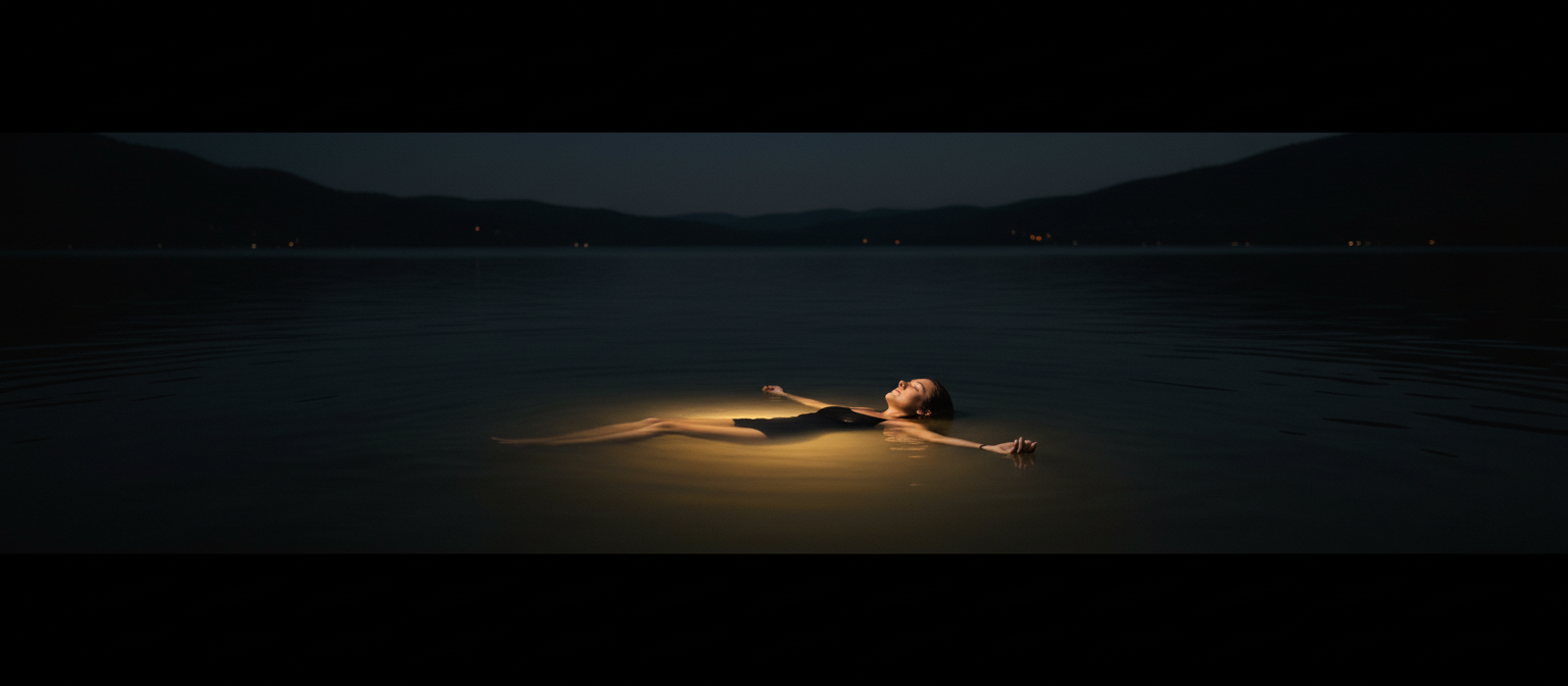Woman floating peacefully on her back in calm dark water lit by warm golden light