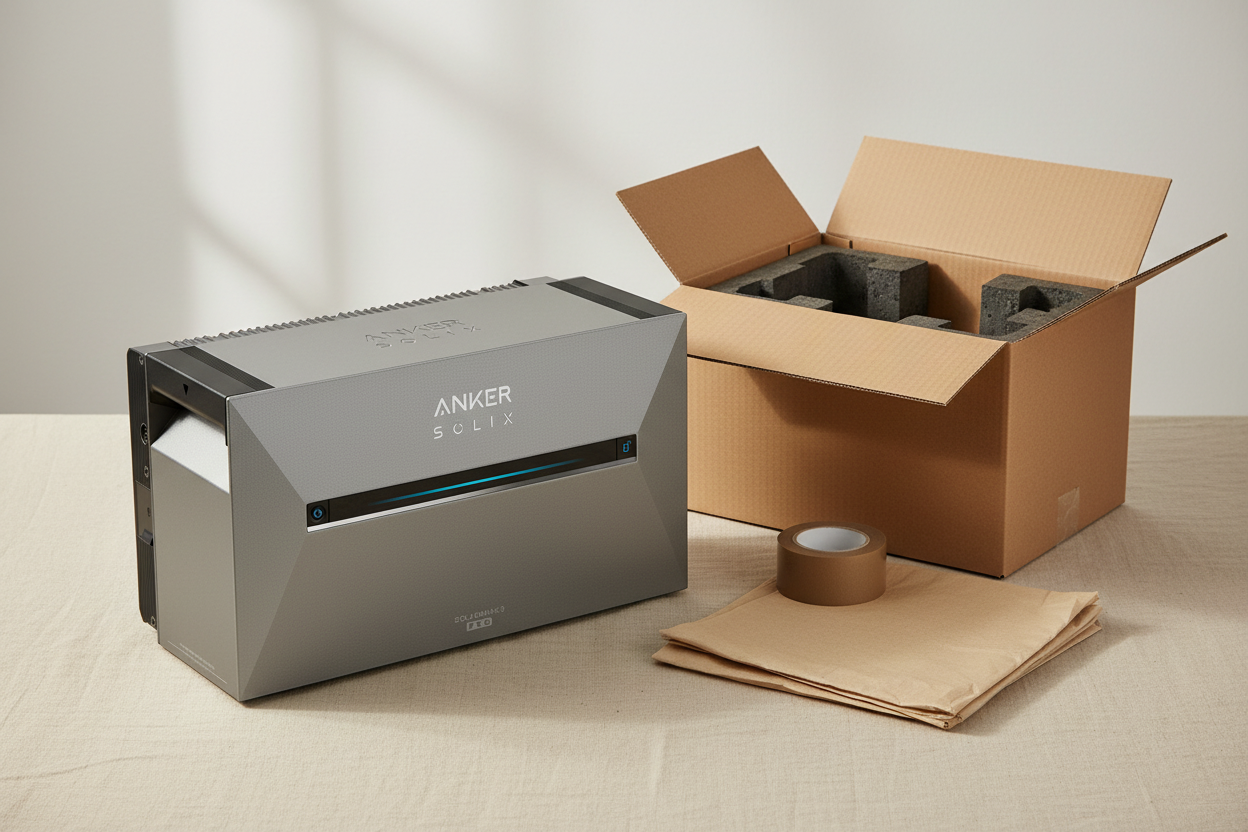 Anker SOLIX Solarbank 3 Pro neben einem offenen Versandkarton mit passgenauer Schaumstoff-Einlage, Packpapier und Klebeband