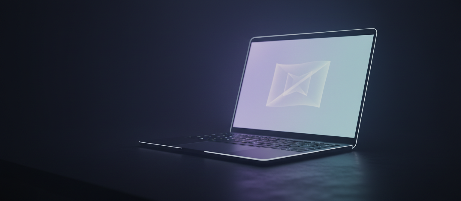 Dark desk setup with a laptop glowing in violet and cyan light
