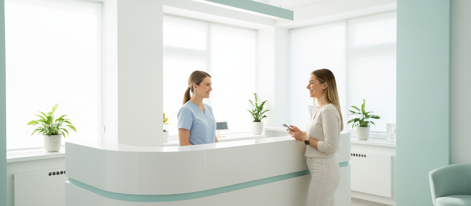 Receptionist in light blue scrubs smiling at a happy patient holding her phone across the front desk of a bright, sunlit dental clinic