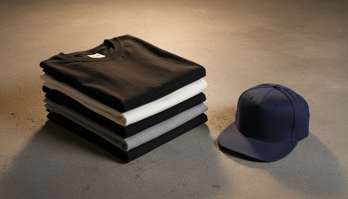 Folded stack of heavyweight tees in black, bone and washed grey beside a snapback cap
