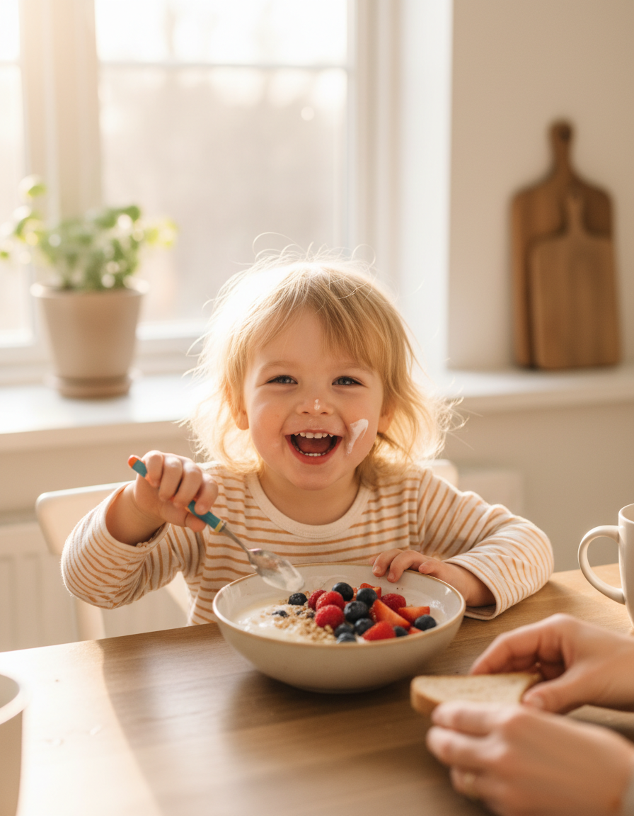 Young child happily eating yogurt with the drops mixed in at the breakfast table
