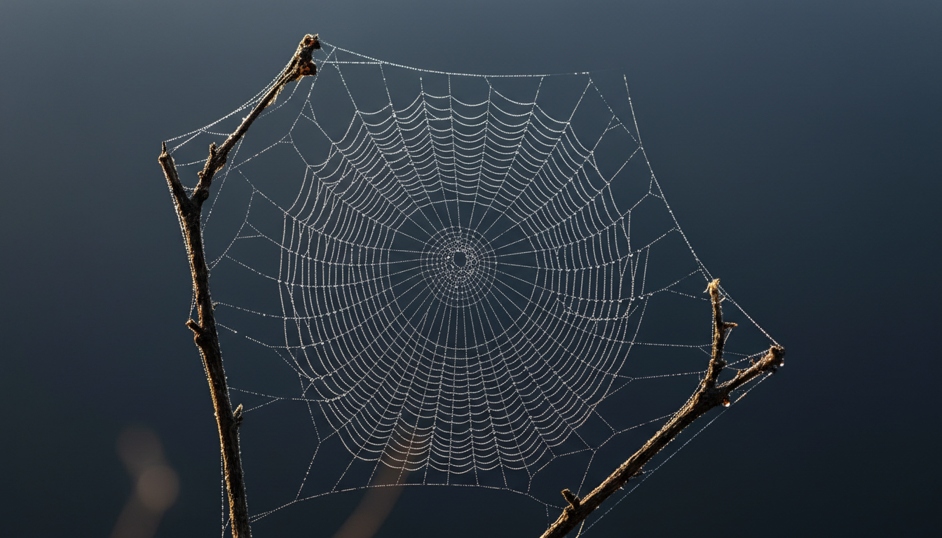 Macro photograph of a perfectly geometric orb spider web at dawn, dew catching the light