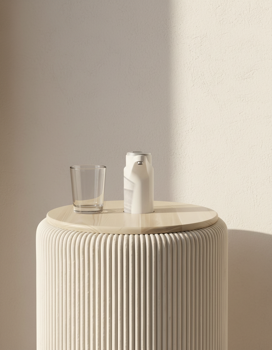 Detalle de la tapa de madera y el acanalado del Camu Beige con un vaso de agua