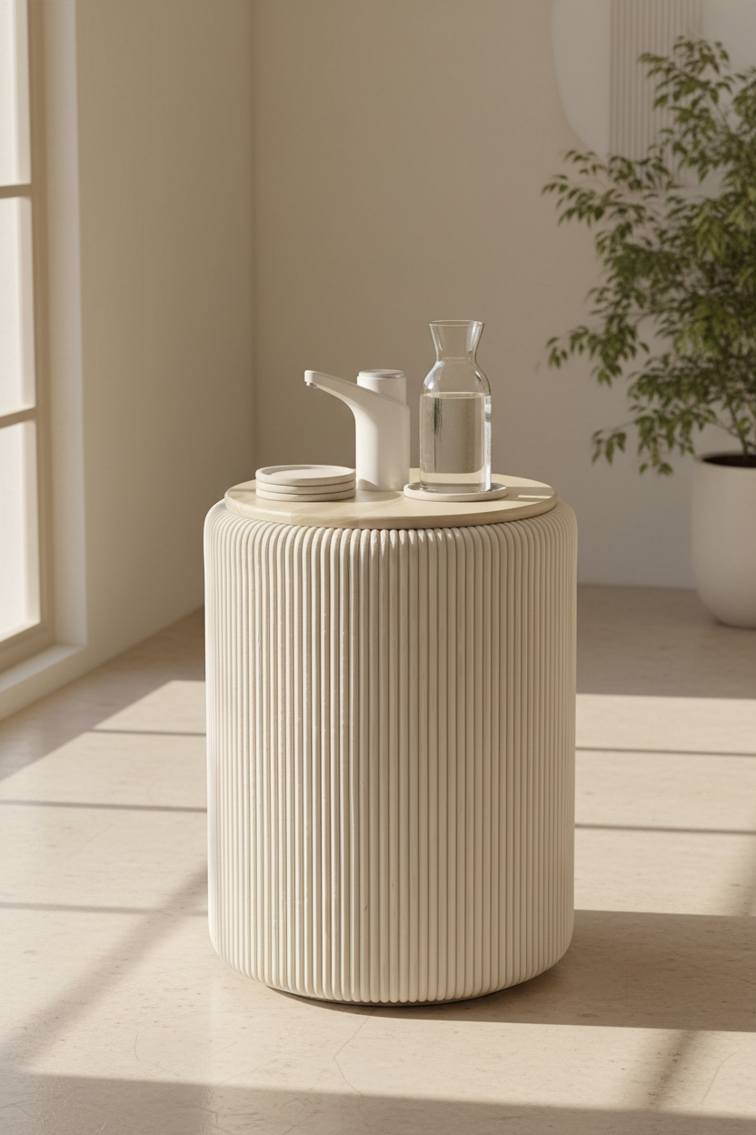 Tapa de madera del mueble Camu Beige con el dispensador al centro, una jarra de agua y un vaso