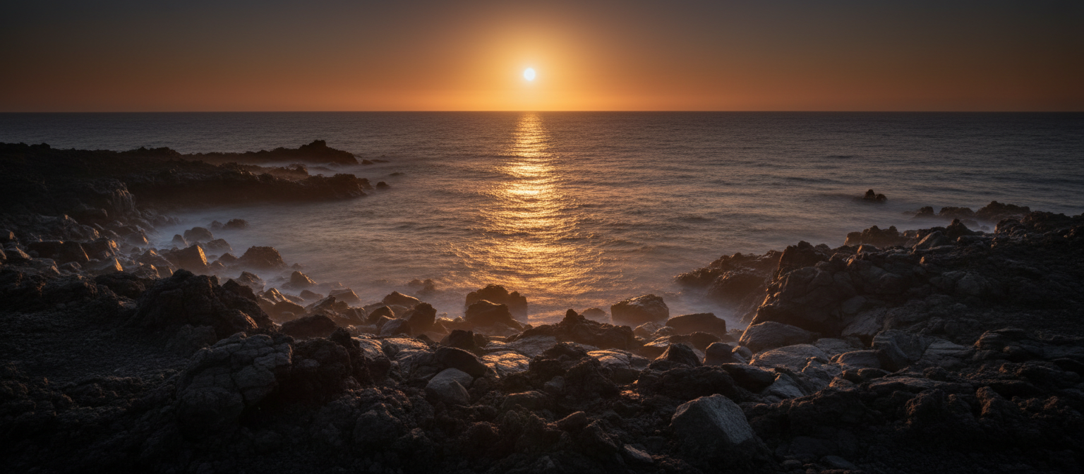 Dark volcanic shoreline at golden dusk with a narrow path of sunlight across calm black water