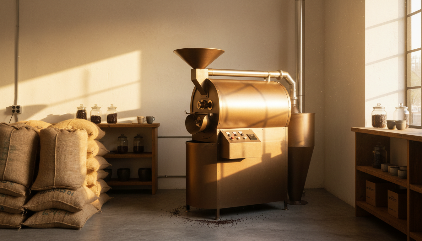Interior of a small artisan roastery with a drum roaster and sacks of green coffee