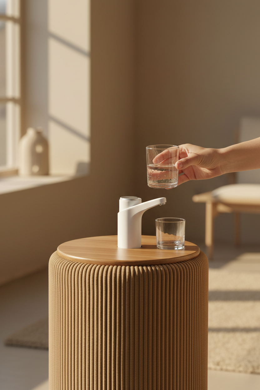 Vaso de agua servido frente al mueble Camu Camel