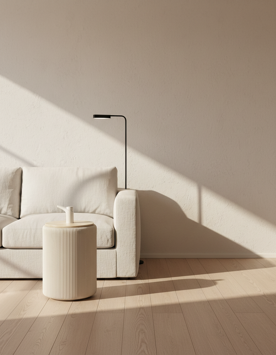 Living luminoso con el mueble cubre bidón Camu Beige junto a un sofá blanco