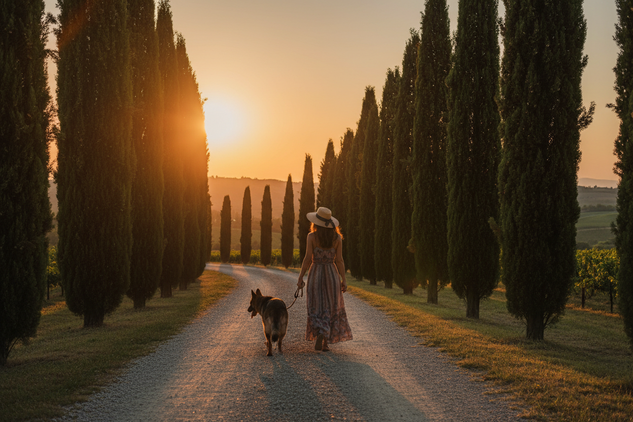 Donna che passeggia con il suo cane al tramonto lungo un viale di cipressi