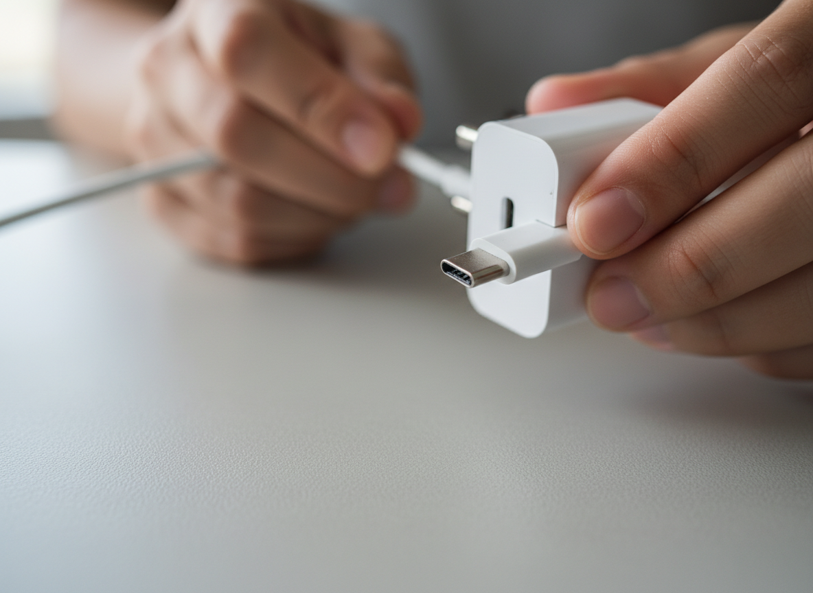 Close-up of hands holding a white USB-C cable and a small wall plug adapter over a light grey desk