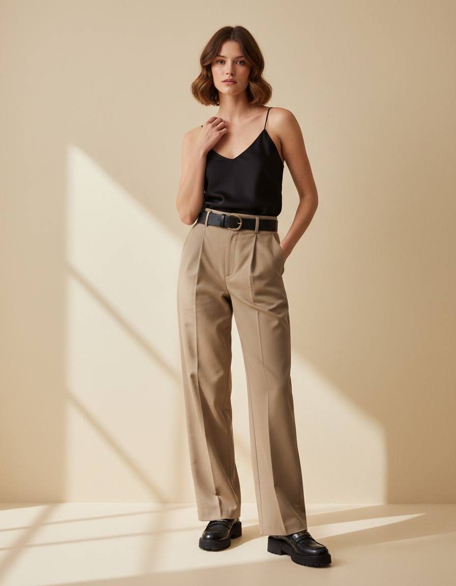 Femme portant un pantalon large taille haute devant un mur crème