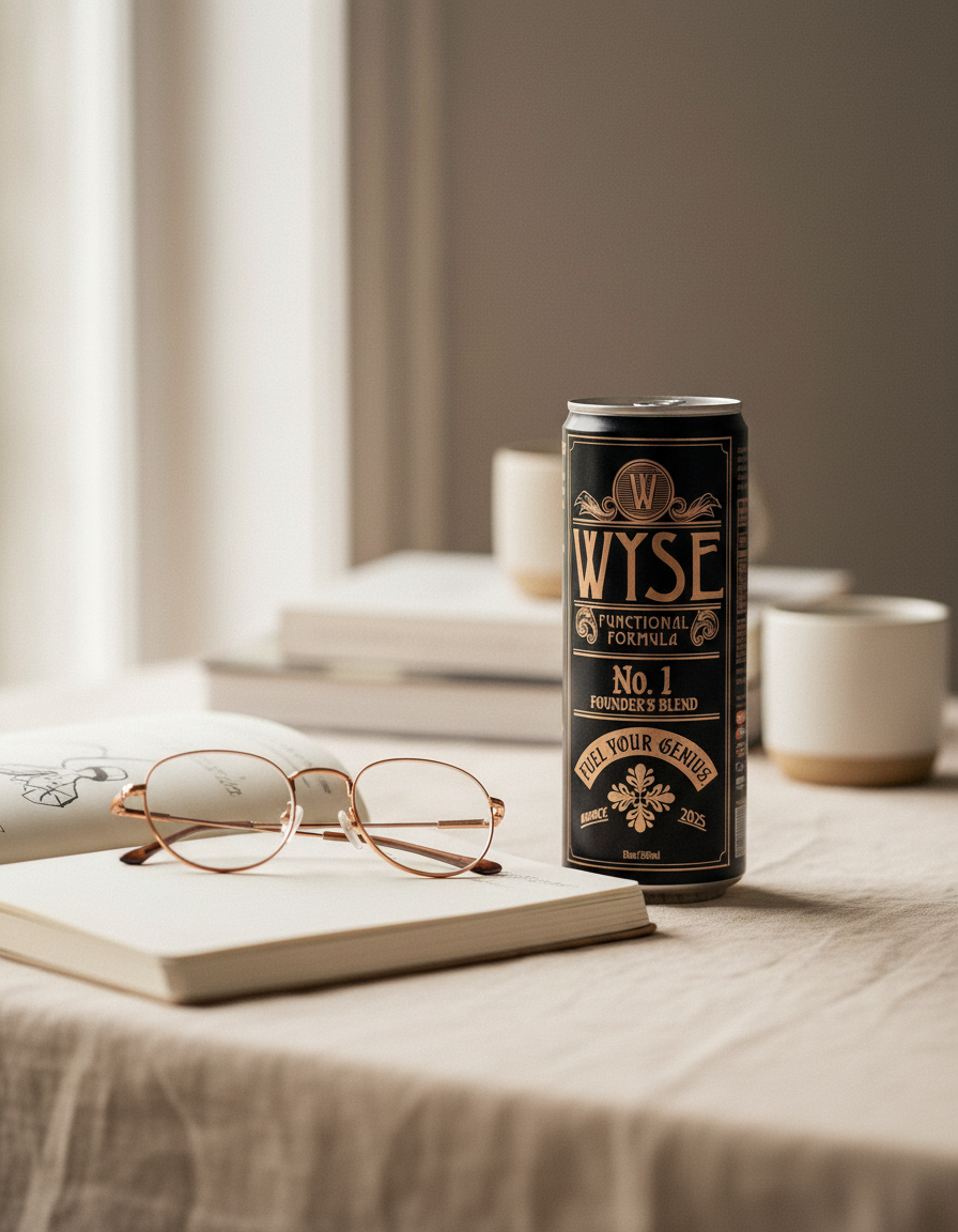 A Wyse Founder's Blend can on a cream linen desk beside an open notebook in morning light